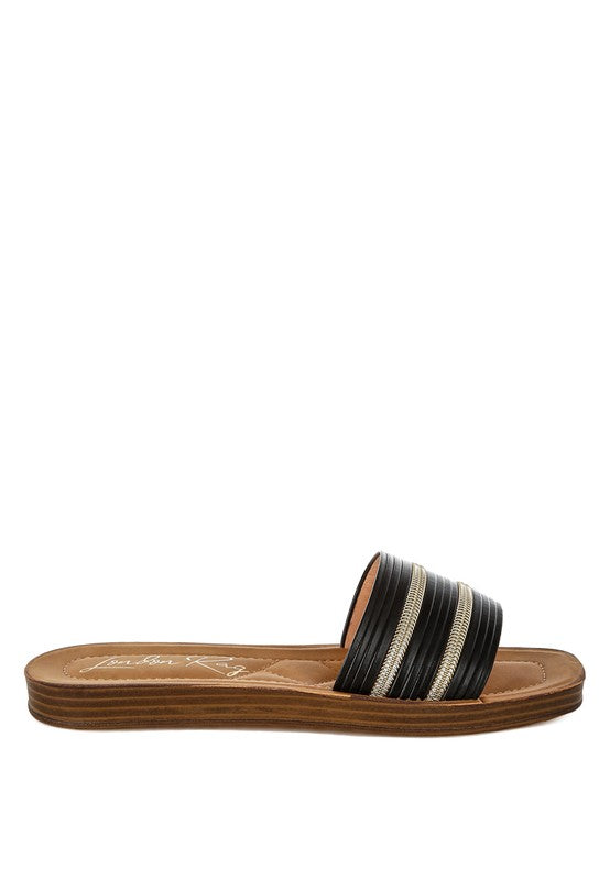 Side profile of black sandals highlighting sleek faux leather and slip-on ease.