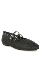 Front view of black ballet flats with textured raffia upper and faux leather straps.-AVAH