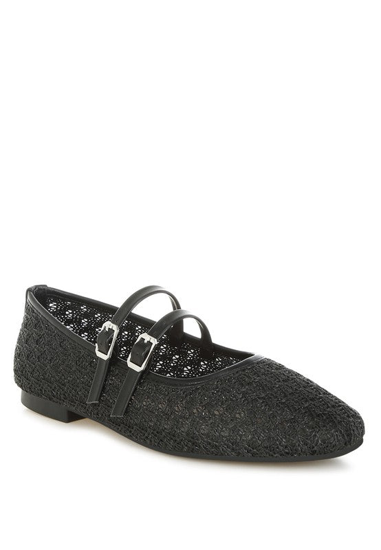 Front view of black ballet flats with textured raffia upper and faux leather straps.-AVAH