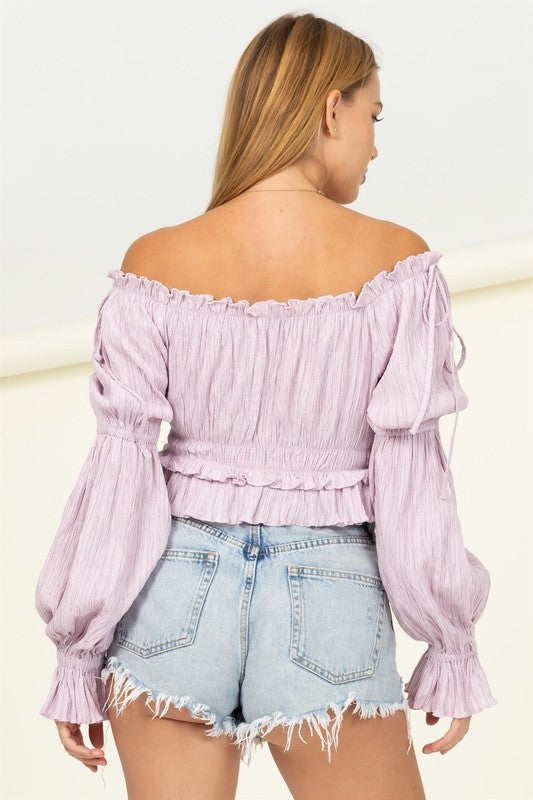 AVAH-Blushing Beauty Off The Shoulder Long Sleeve Blouse-Lavender