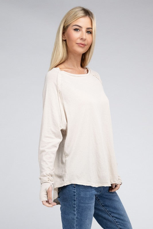 Sleek Comfort Raglan Sleeve Top with Thumbhole-Beige-Avah