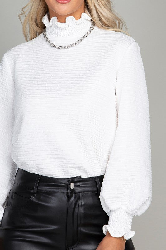 Sylvie Ruffle Trim Mock Neck White Blouse-Avah