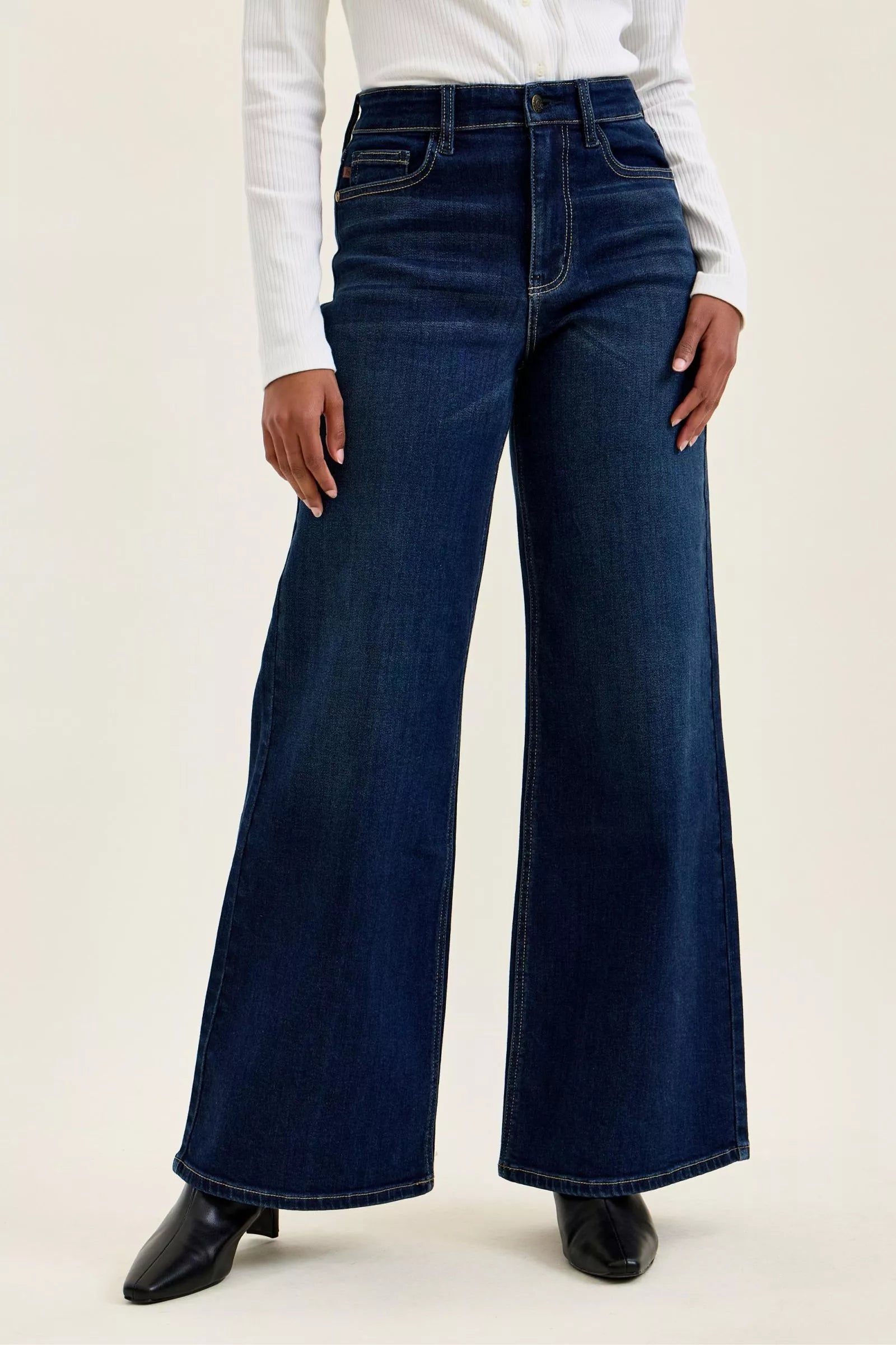 Going Places High Rise Wide Leg Jeans in dark indigo wash, front view