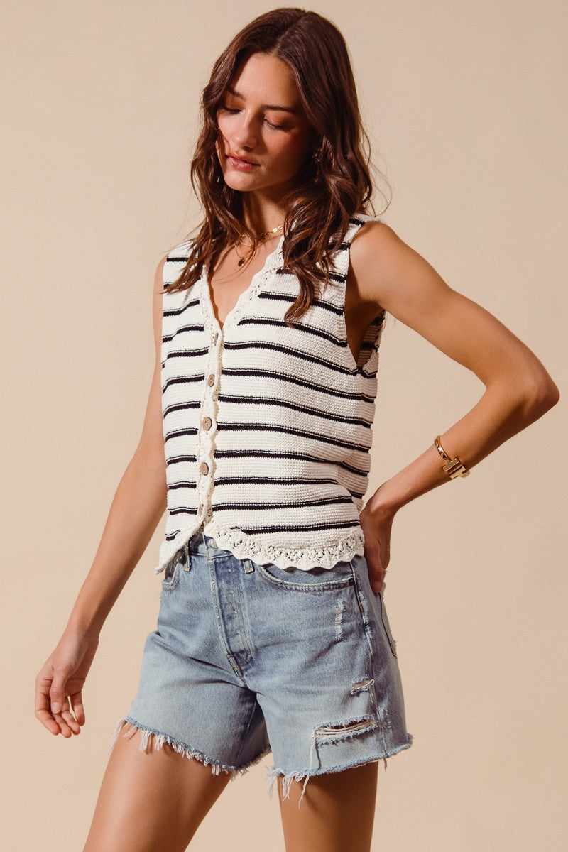 Side view of black and cream stripe knit tank top with crochet edging
