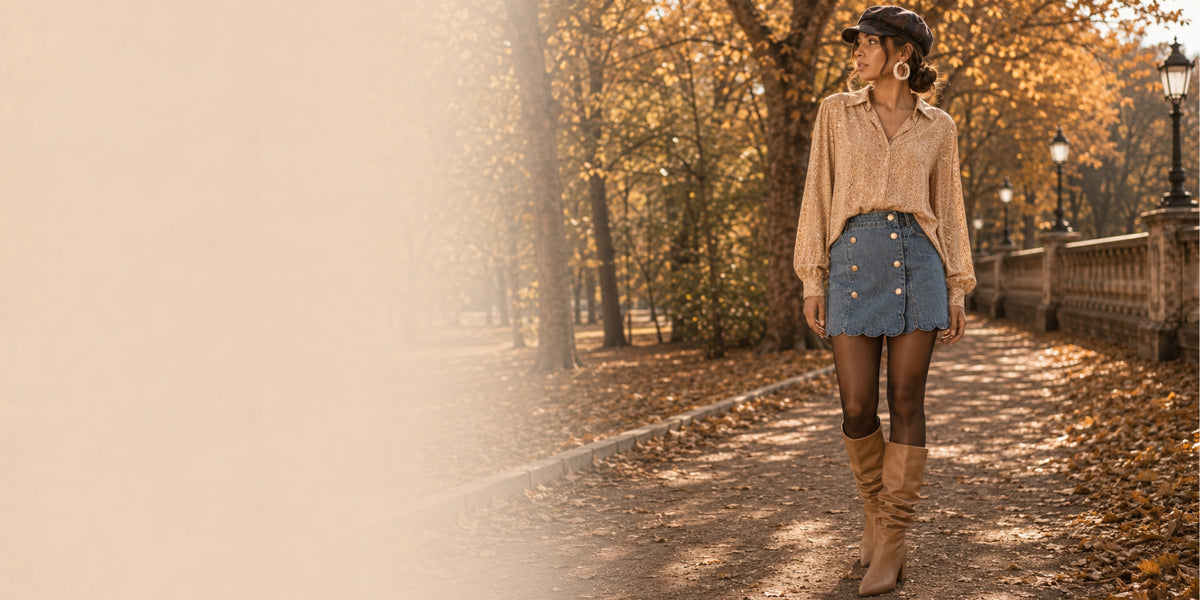 Woman wearing a floral blouse, scalloped denim mini skirt, tights and tall boots on an autumn tree lined path