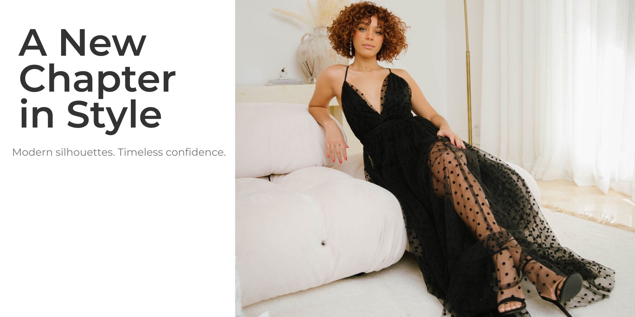 Black polka dot long dress styled for New Year and winter women’s fashion on AVAH homepage