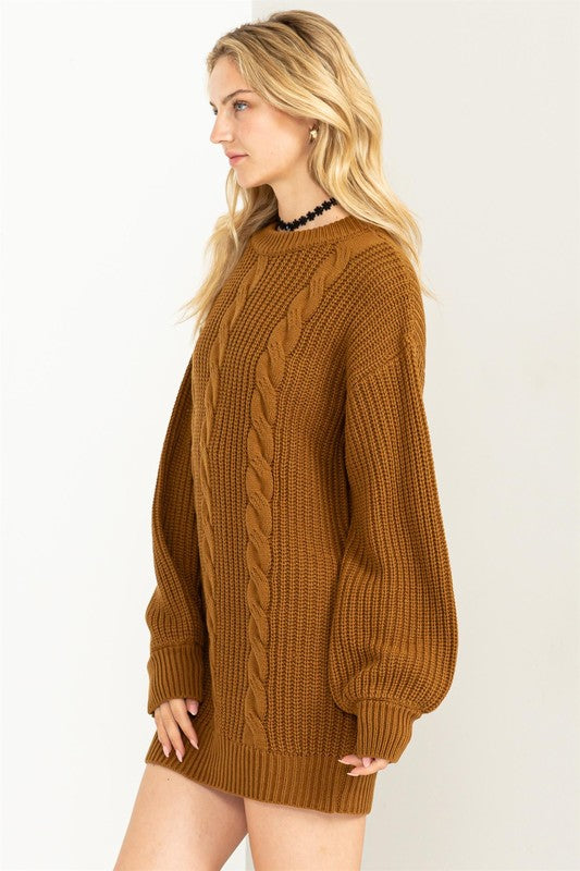 Cable-Knit Ribbed Sweater Dress-Brown-Avah