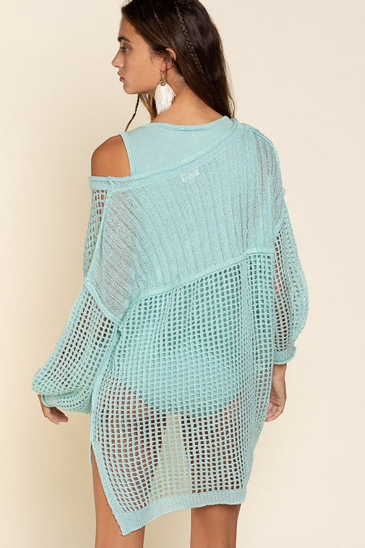 Fun Filled Days High Low Fishnet Sweater-Avah Couture