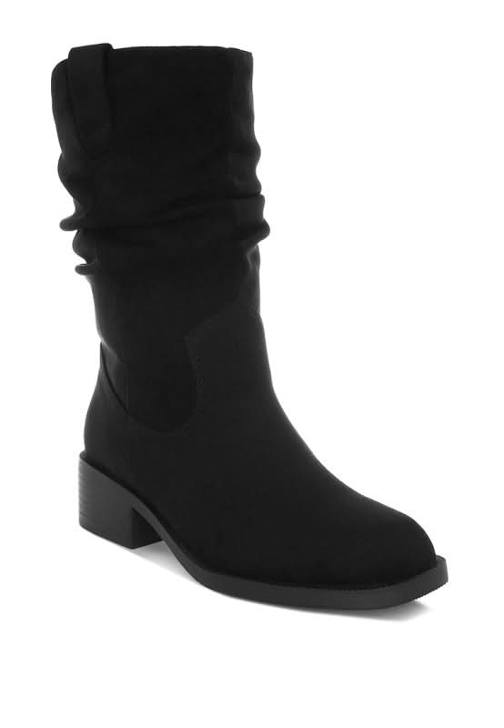 Black faux suede slouch mid-calf boot with block heel, square toe design-AVAH