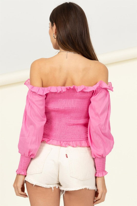 Irresistibly Chic Smocked Off-the-Shoulder Top-Pink-Avah