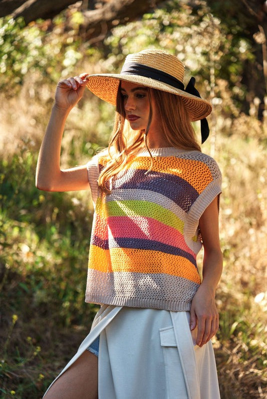 AVAH-Coastal Breeze Crochet Sweater Vest-Beige Stripe