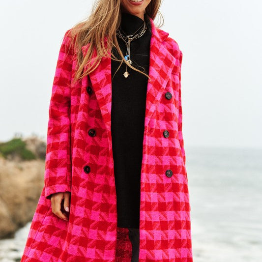 Chic Double Breasted Textured Tweed Coat - Black/White or Pink/Red