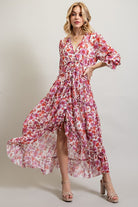 AVAH-Mila Floral Long Sleeve Maxi Dress-Pink Red and White 