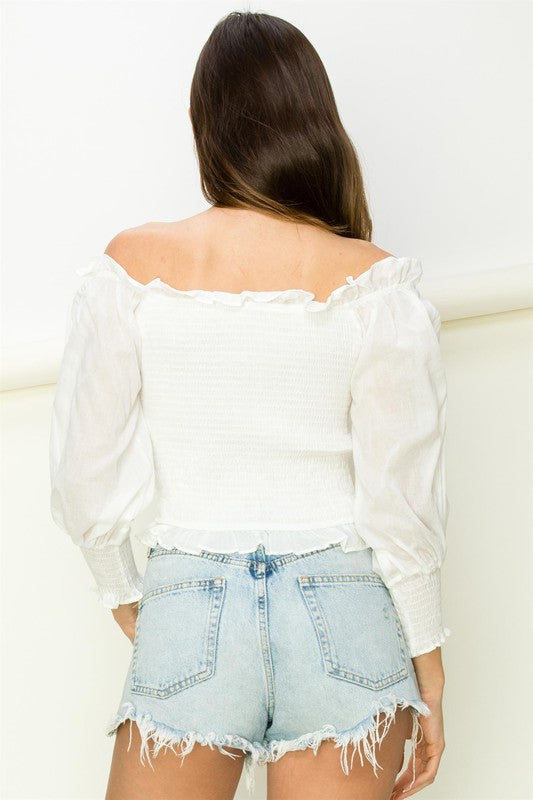 Irresistibly Chic Smocked Off-the-Shoulder Top-White-Avah