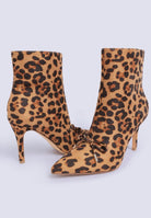 Leopard print ankle boots with a bow on a white background