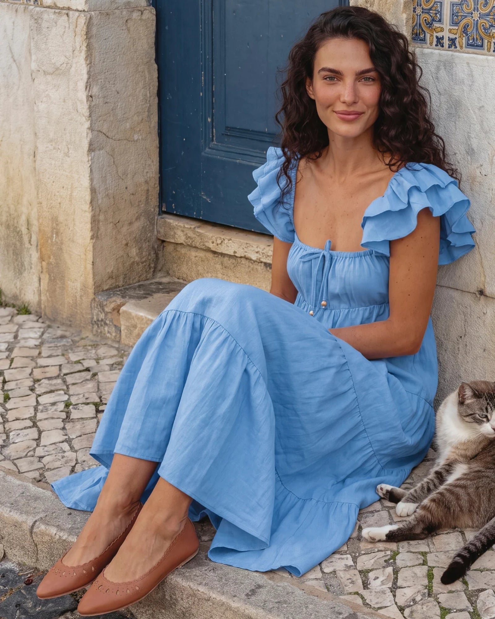 Model wearing a flowing blue Bali ELF dress in a relaxed everyday setting, reflecting island inspired style beyond the vacation.