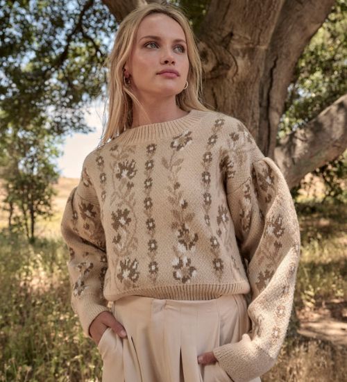 Neutral beige floral knit sweater with balloon sleeves, from AVAH Collections