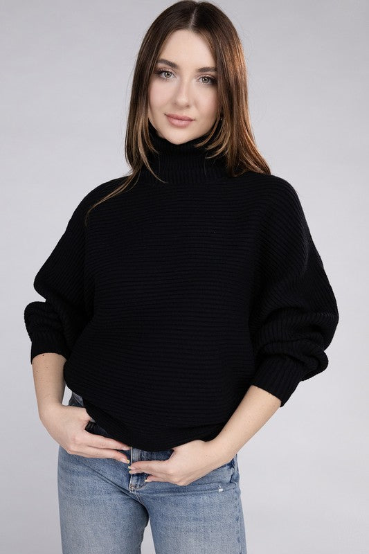 Polished Sophistication Dolman Sleeve Turtleneck Sweater-Black-Avah