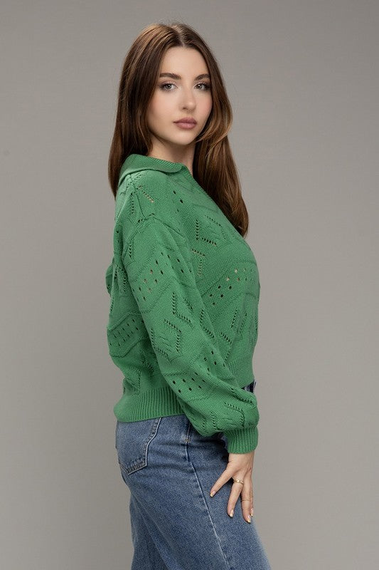 Limelight Moment Green Collared Pullover Sweater-Avah