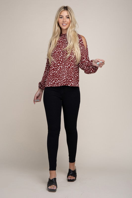 Behold The Beauty Ditsy Floral Long Sleeve Red Blouse With Split Shoulder-Avah