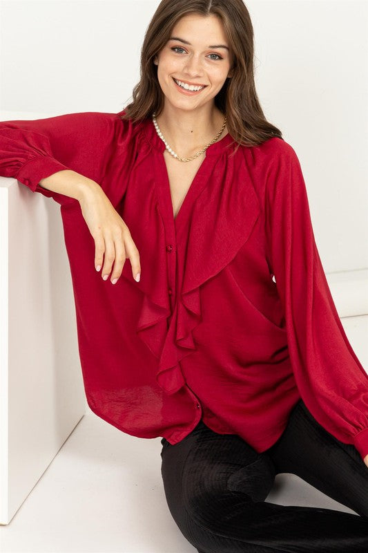 High Demand Ruffled Chic Blouse-Burgundy-AVAH