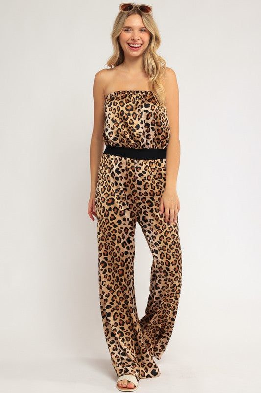 AVAH-Wild At Heart Cheetah Strapless Wide Leg Jumpsuit-Brown