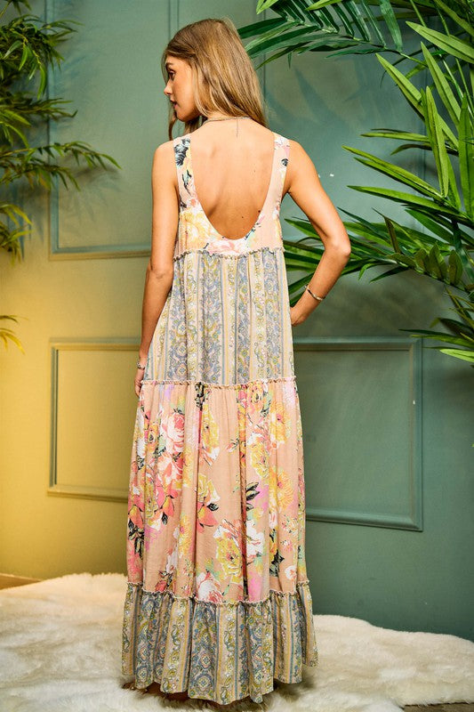 Halle Open Back Floral Maxi Dress-Pink Beige-Avah Couture