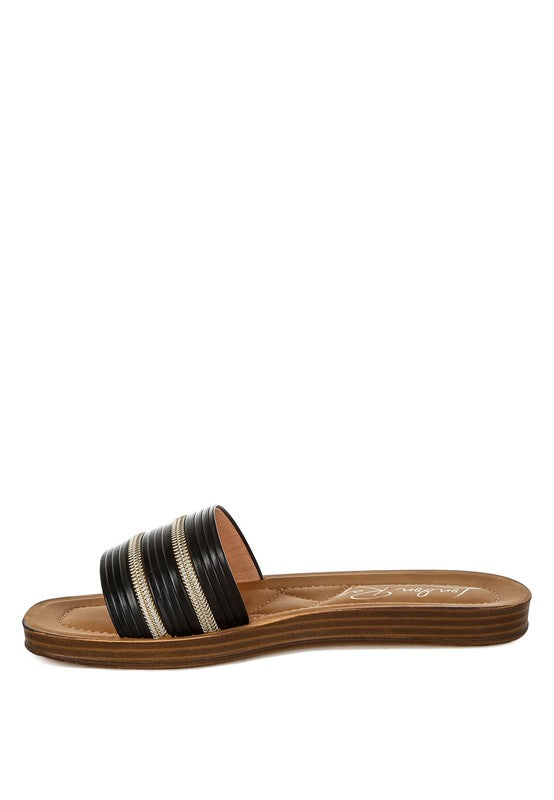 Side profile of black sandals highlighting sleek faux leather and slip-on ease.