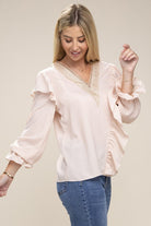 Style The Season V Neck Long Sleeve Blouse  - Pink-AVAH