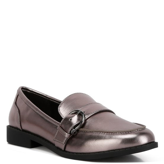 MetroPolish Metallic Faux Leather Loafers - Pewter-Avah