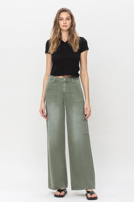 Savannah High Rise Utility Cargo Jeans-Army Green-Avah