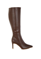 Side view of tall heeled boot in brown faux leather with zipper fastening.
