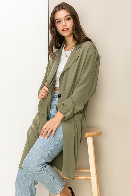 Enlightened Button Front Oversized Coat-Olive Green-Avah