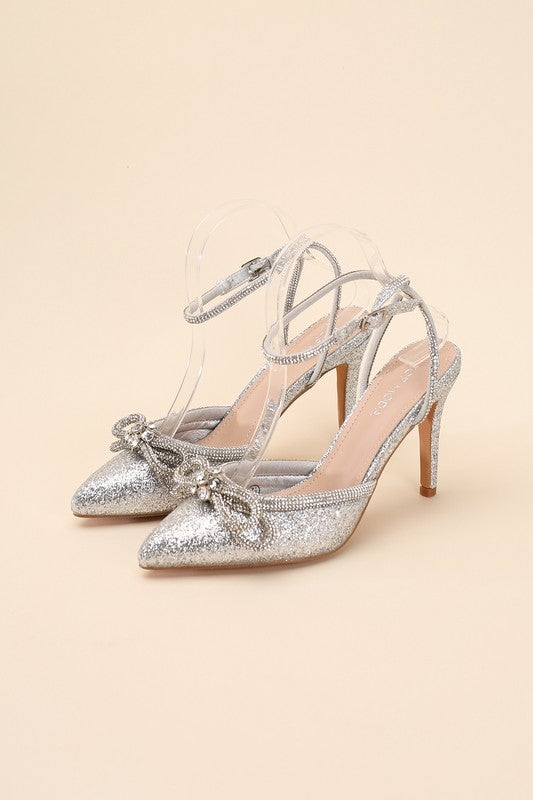 Sultry Nights Rhinestone Double Bow Heel-Silver-Avah