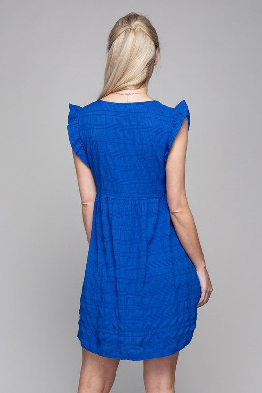 AVAH-Blue Breeze V-Neck Ruffle Sleeve Dress