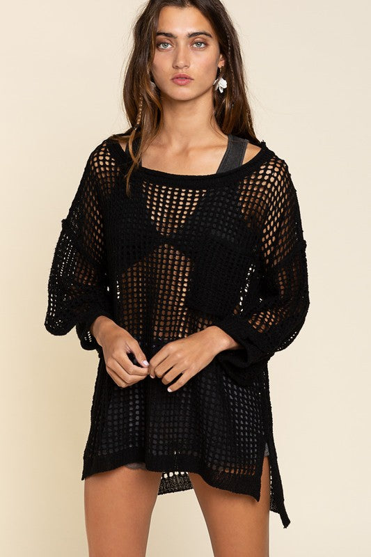 Fun Filled Days High Low Fishnet Sweater-Avah Couture
