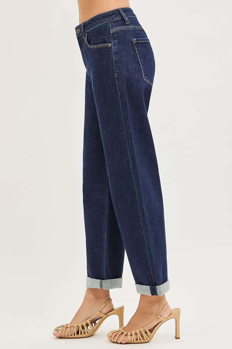 Sunday Social Cuffed Wide Leg Jeans in dark indigo, side view
