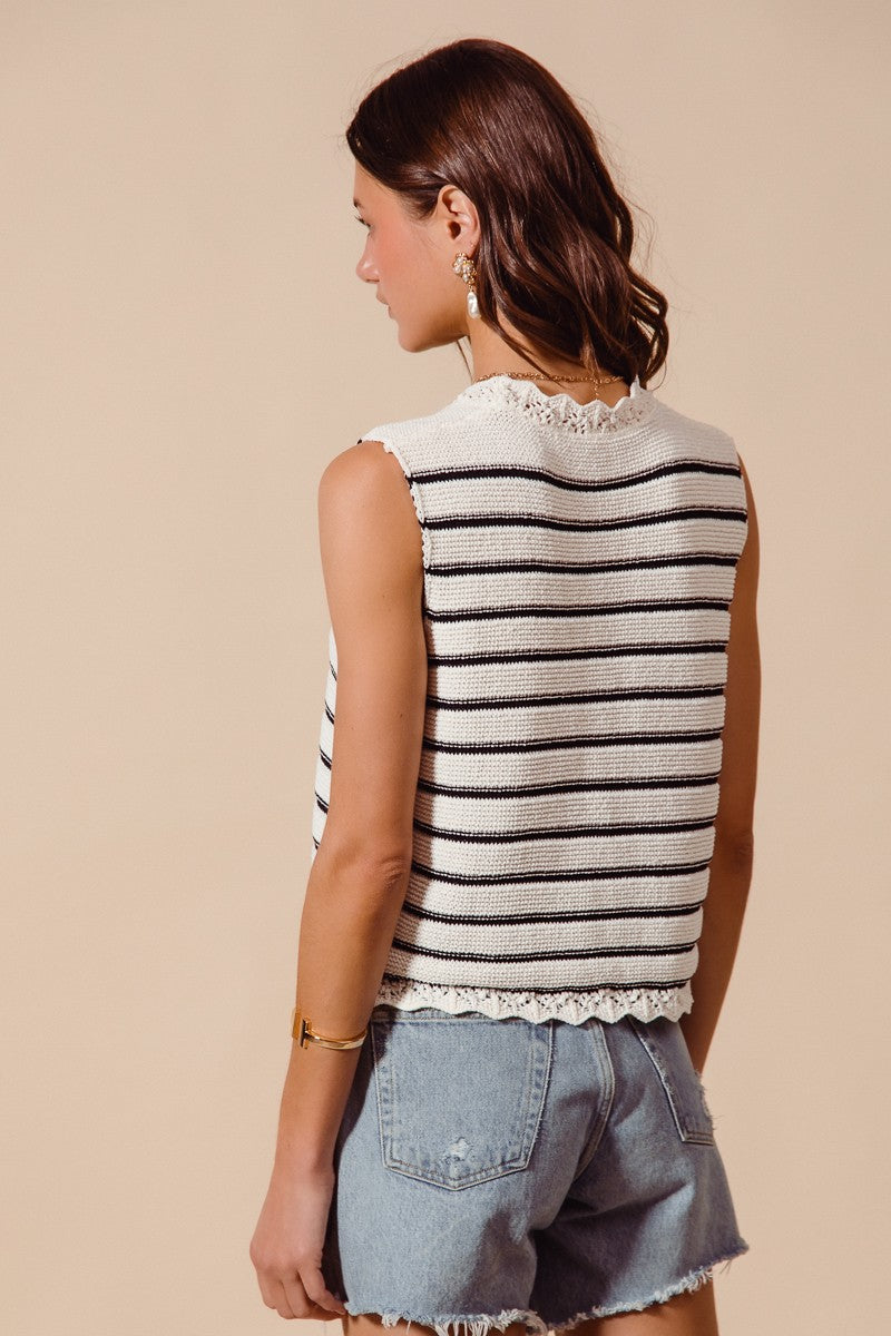 Back view of striped crochet trim sleeveless knit vest
