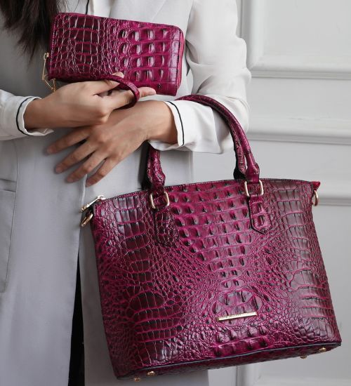 AVAH crocodile-embossed burgundy tote bag with matching wallet, chic structured design for elevated everyday style