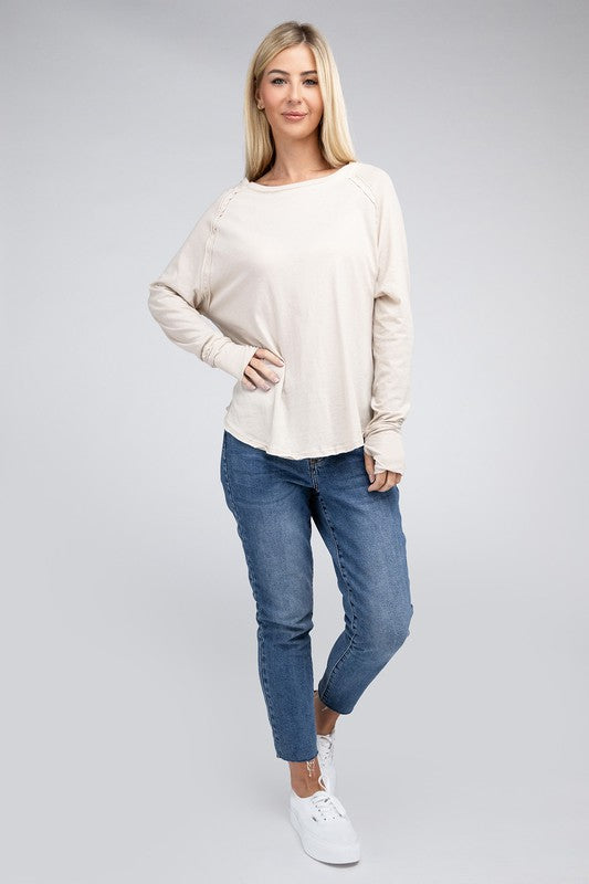 Sleek Comfort Raglan Sleeve Top with Thumbhole-Beige-Avah