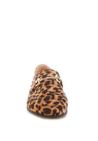 Front view of leopard print loafer with closed almond toe and horsebit detail
