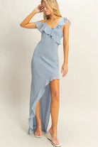 Blue Horizon ruffle maxi dress with asymmetrical neckline and sweeping chiffon hem
