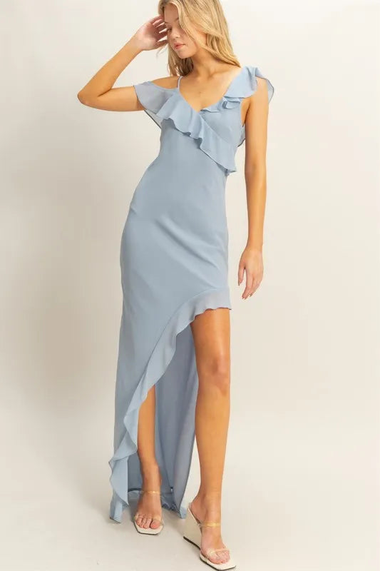 Blue Horizon ruffle maxi dress with asymmetrical neckline and sweeping chiffon hem
