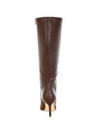 Back view of pointed snip toe brown faux leather tall boot.
