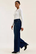 Going Places High Rise Wide Leg Jeans in dark indigo wash, side view