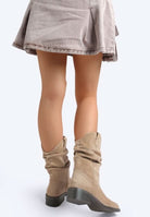 Back view of taupe faux suede mid-calf slouch boots with block heel-AVAH