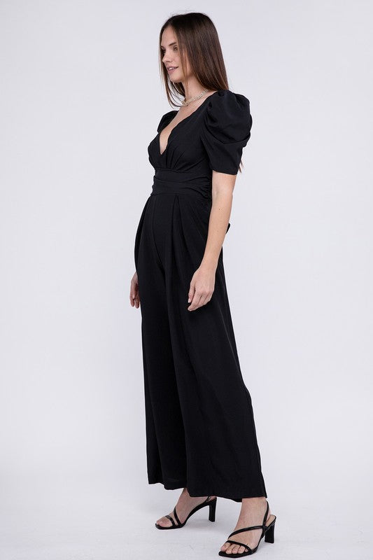 AVAH-La Bella Vita Black Puff Sleeve Wide Leg Jumpsuit