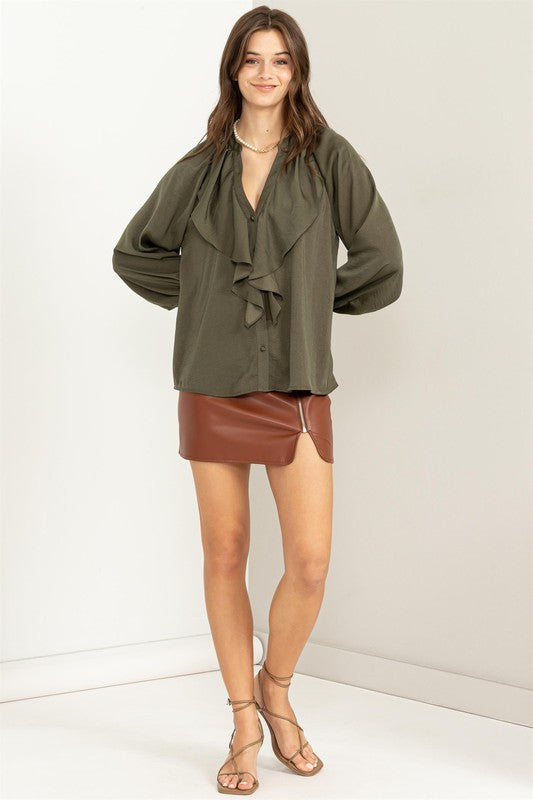 High Demand Ruffled Chic Blouse-Olive-AVAH