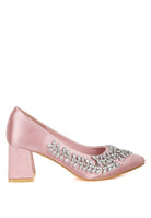 Blush satin block heel with crystal detailing, side view