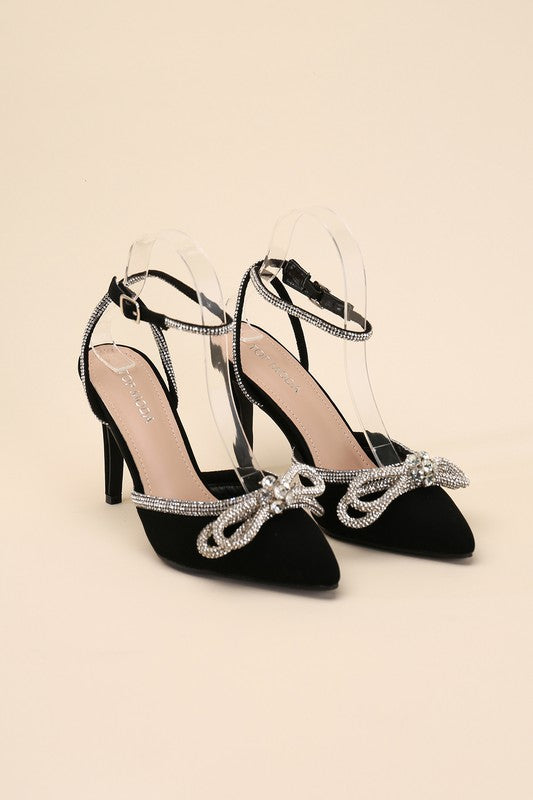 Sultry Nights Rhinestone Double Bow Heel-Black-Avah